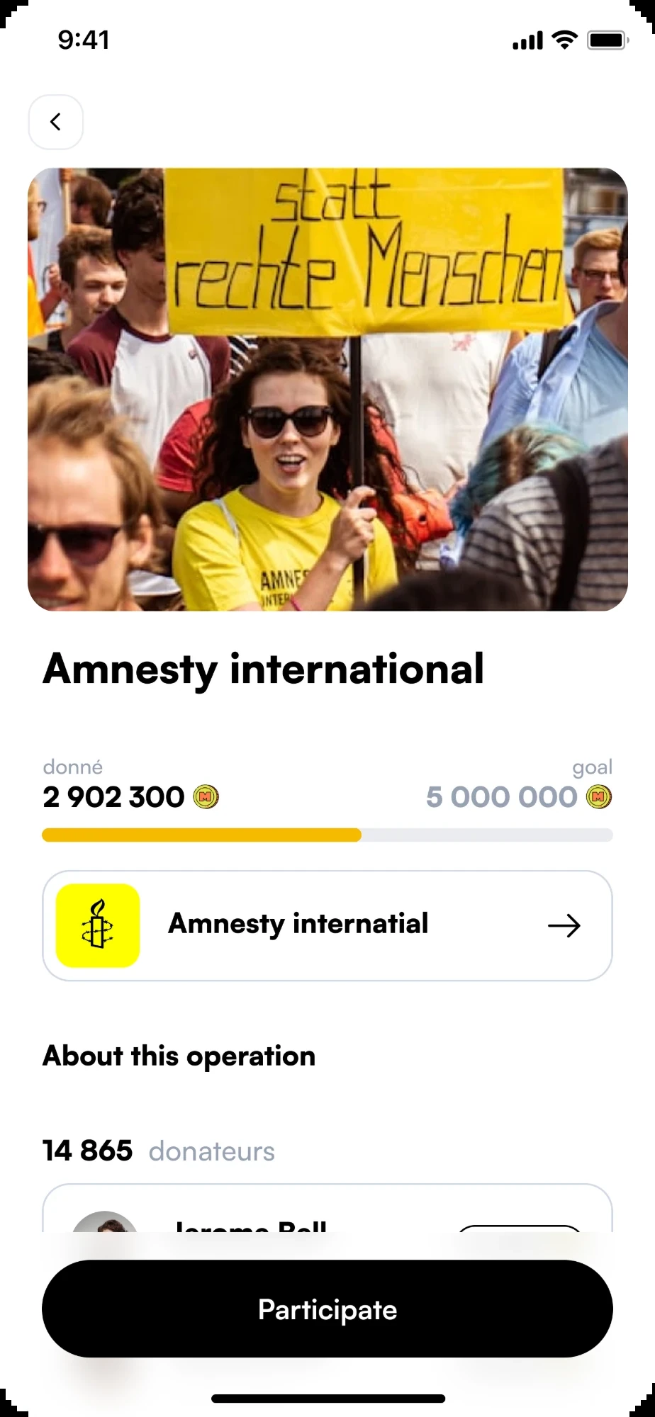 Amnesty International charity operation screen in the Macadam app